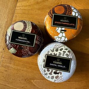 Voluspa candle trio Santal Vanille/Forbidden Fig/Spiced Pumpkin Latte mini tins